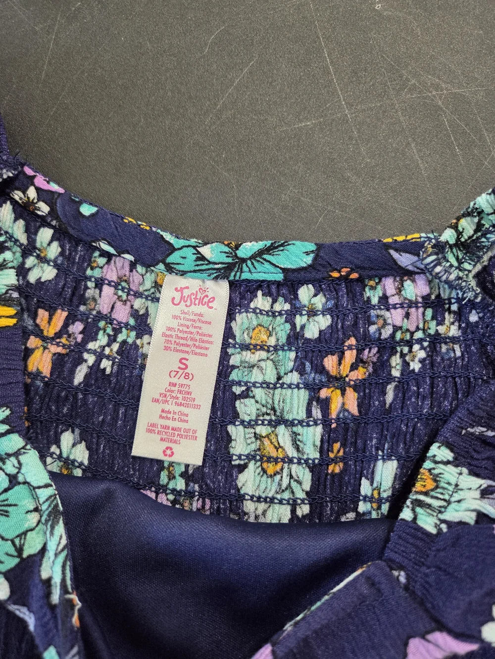 Justice Navy Floral Puff-Sleeve Dress with Aqua and Purple Blooms